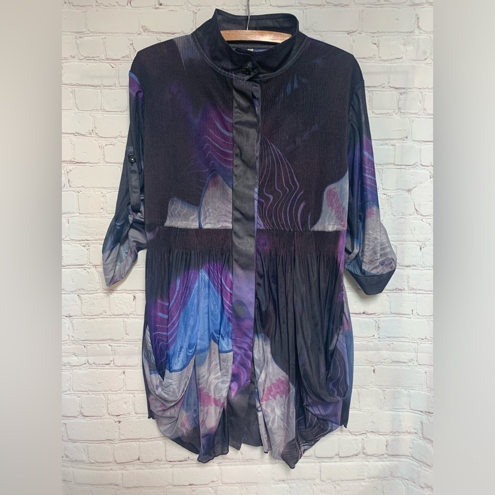Lindi Lagenlook Artistic Elegant Black and Blue Tunic Top Size M​